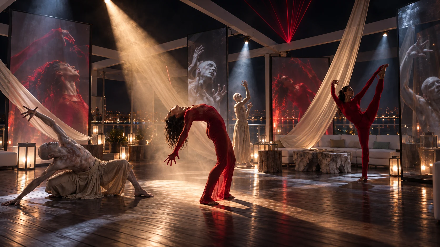 Presence concept: performers and optical installations in the penthouse