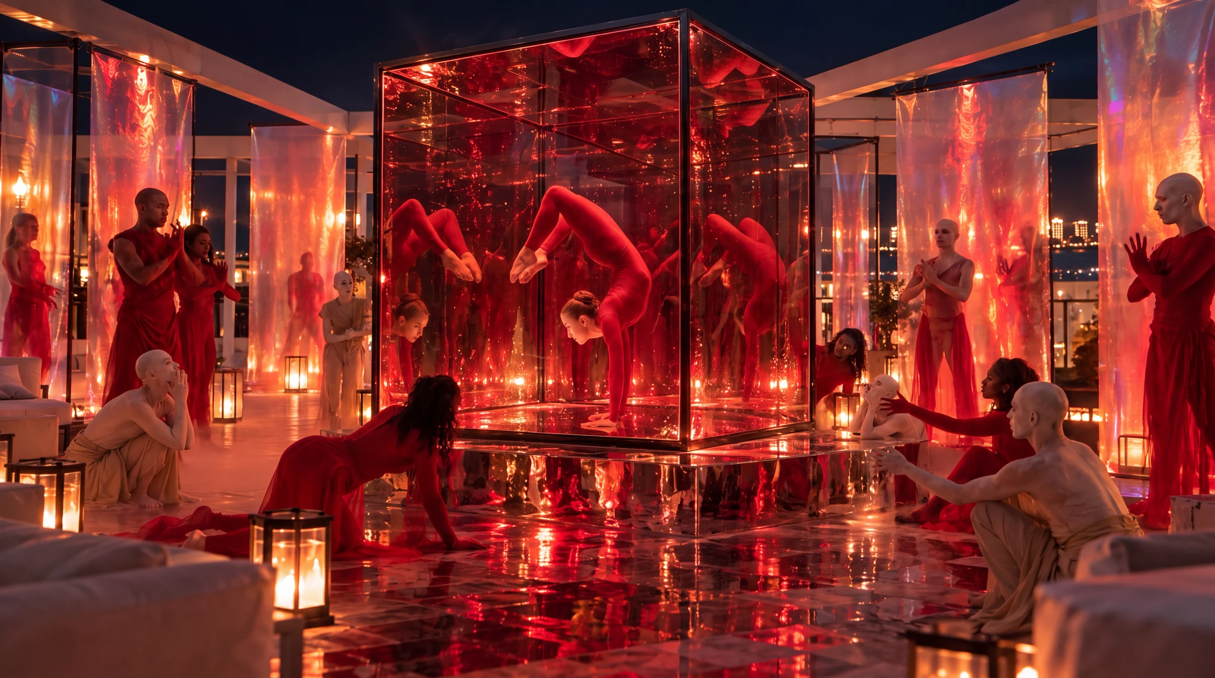 Infinity concept: performers and optical installations in the penthouse