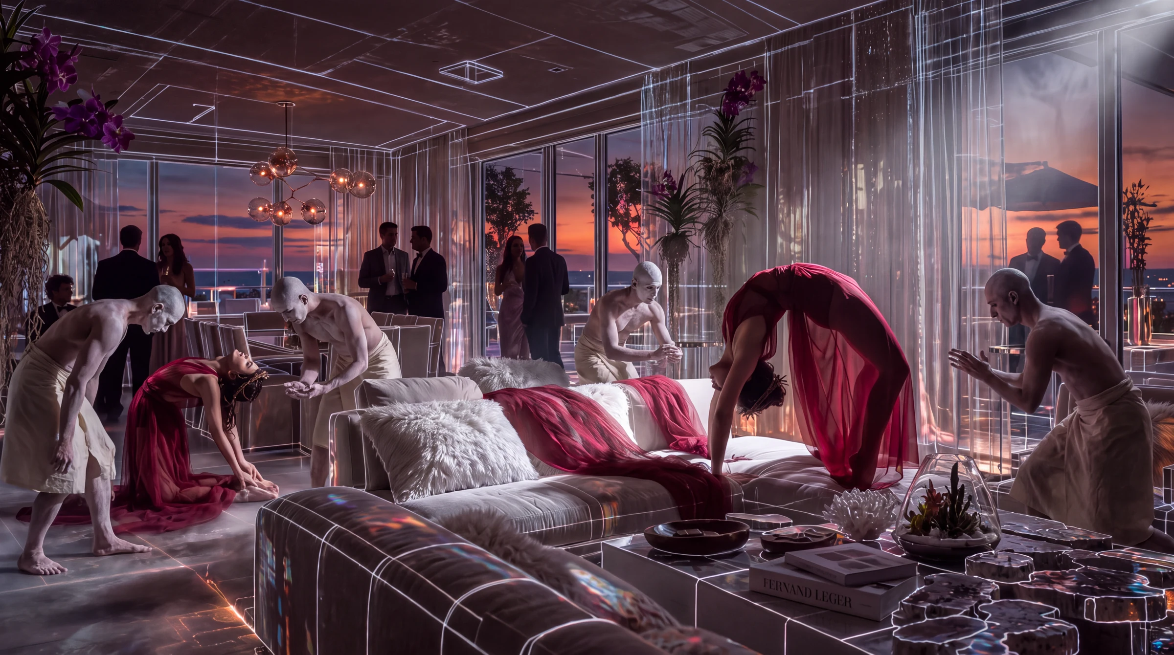 Performers within a penthouse living room traced by projected architectural lines